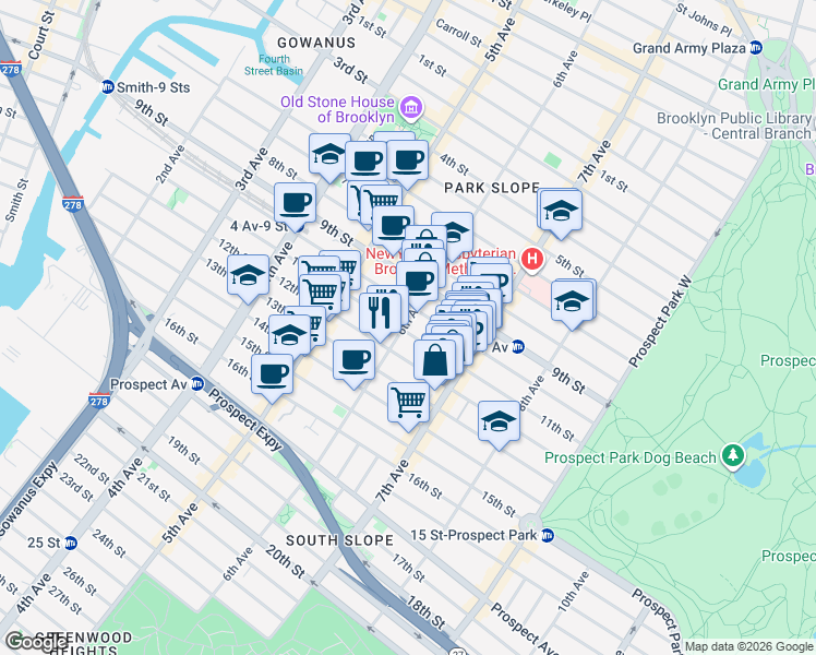 map of restaurants, bars, coffee shops, grocery stores, and more near 422 11th Street in Brooklyn