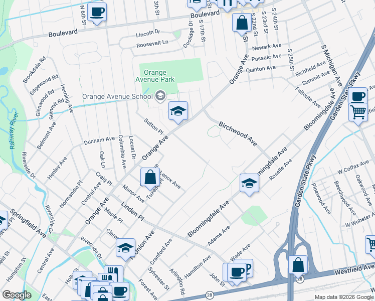 map of restaurants, bars, coffee shops, grocery stores, and more near in Cranford