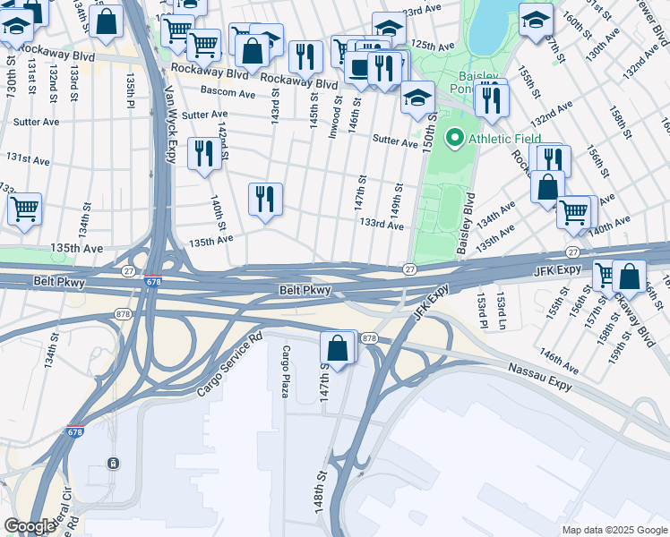 map of restaurants, bars, coffee shops, grocery stores, and more near 13328 North Conduit Avenue in Queens