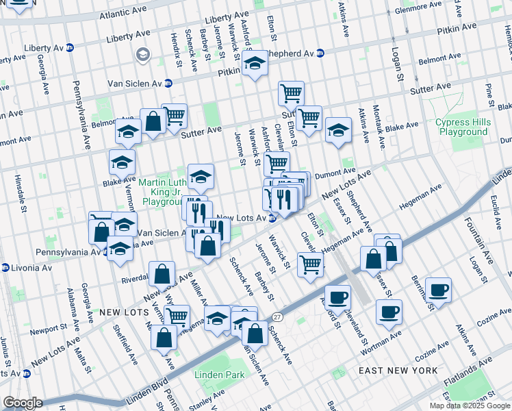 map of restaurants, bars, coffee shops, grocery stores, and more near 577 Jerome Street in Brooklyn