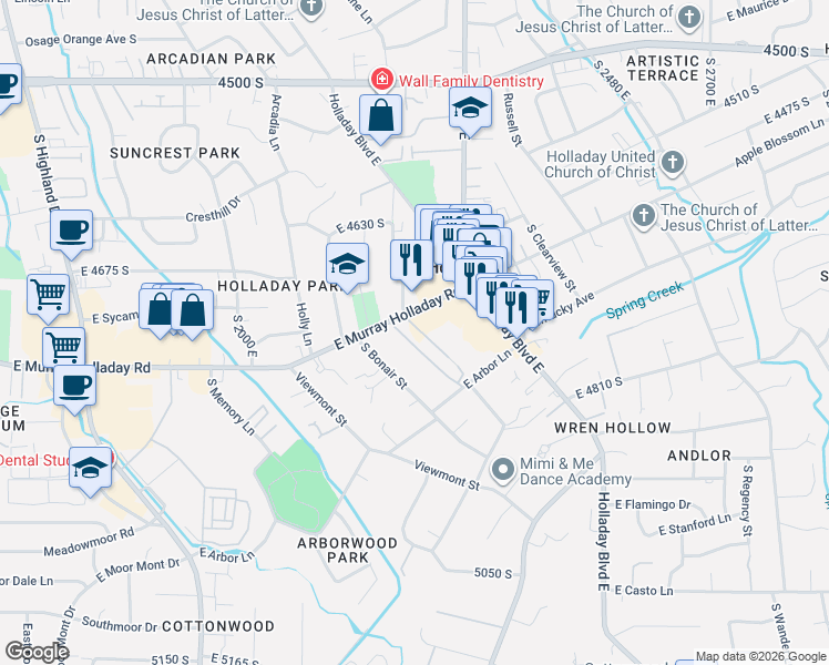 map of restaurants, bars, coffee shops, grocery stores, and more near 2220 East Murray Holladay Road in Holladay