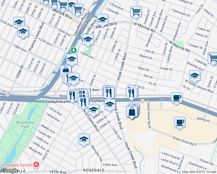 map of restaurants, bars, coffee shops, grocery stores, and more near 246-17 North Conduit Avenue in Queens