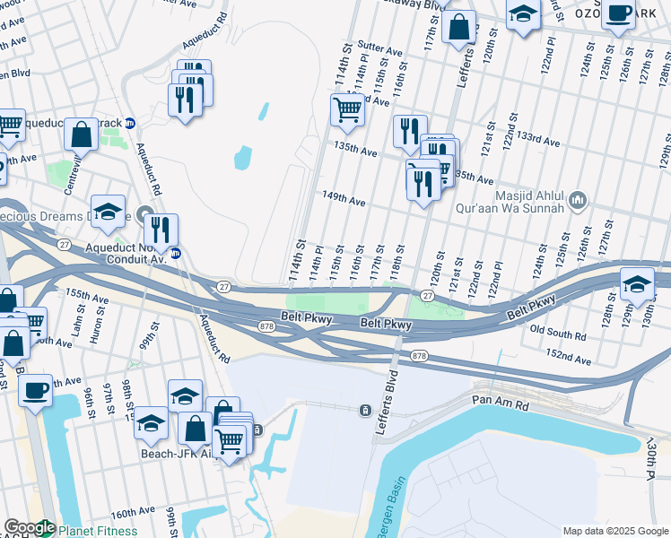 map of restaurants, bars, coffee shops, grocery stores, and more near 150-34 116th Street in Queens