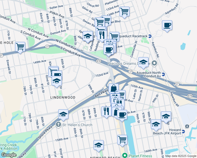 map of restaurants, bars, coffee shops, grocery stores, and more near 90-06 153rd Avenue in Queens