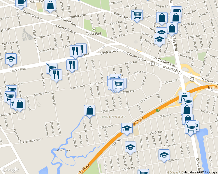map of restaurants, bars, coffee shops, grocery stores, and more near 151-30 82nd Street in Queens