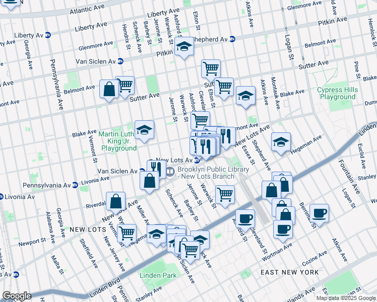 map of restaurants, bars, coffee shops, grocery stores, and more near 673 Warwick Street in Brooklyn