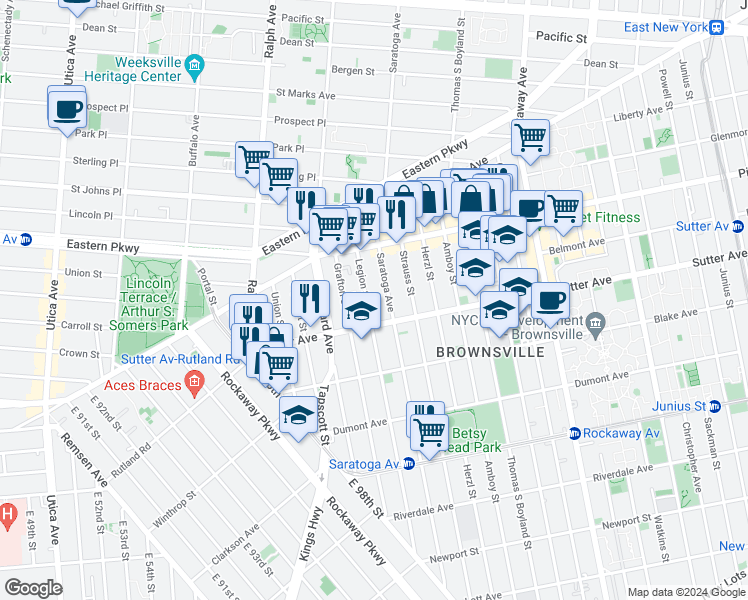 map of restaurants, bars, coffee shops, grocery stores, and more near 588 Saratoga Avenue in Brooklyn