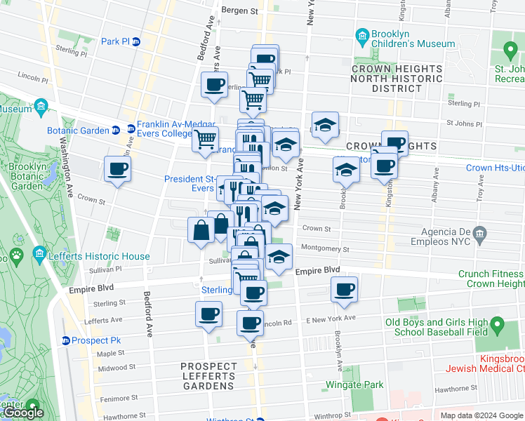 map of restaurants, bars, coffee shops, grocery stores, and more near 299 Crown Street in Brooklyn