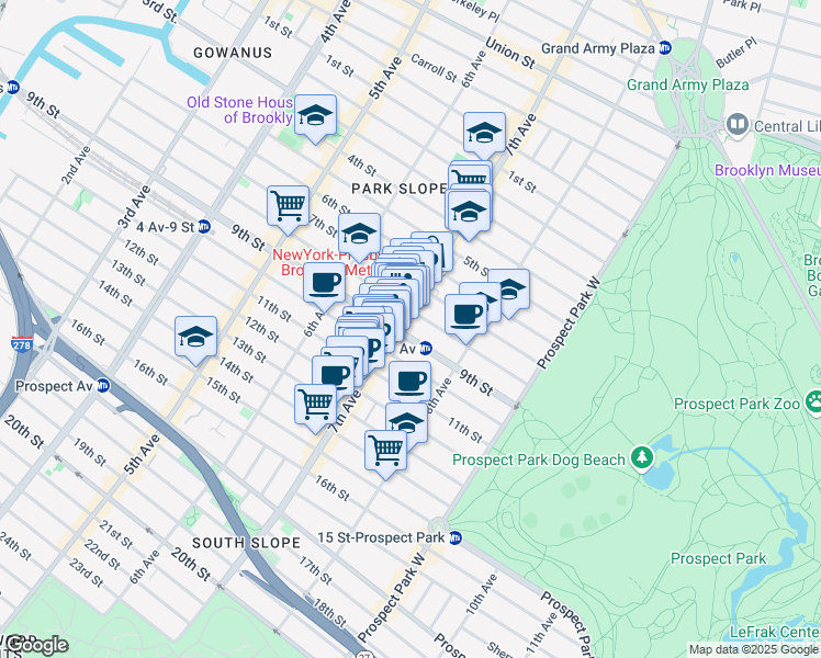 map of restaurants, bars, coffee shops, grocery stores, and more near 326 7th Avenue in Brooklyn