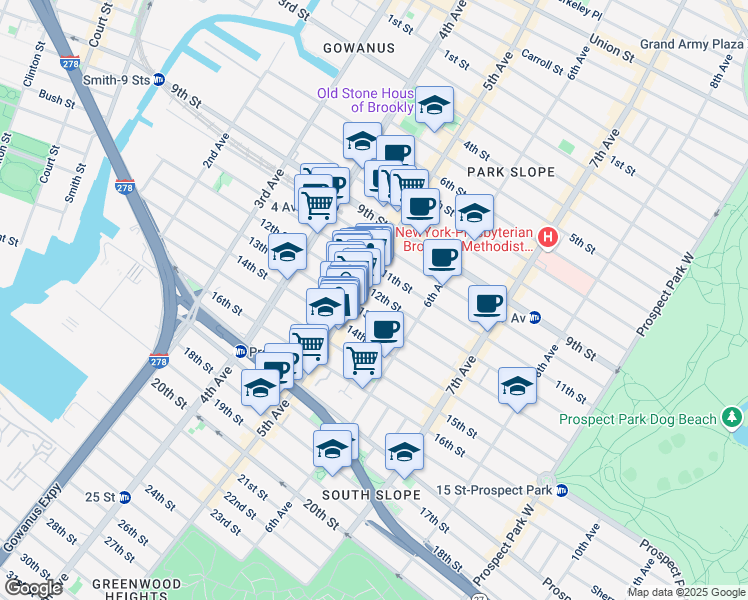 map of restaurants, bars, coffee shops, grocery stores, and more near 285 13th Street in Brooklyn