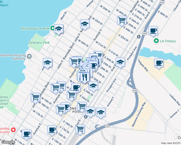 map of restaurants, bars, coffee shops, grocery stores, and more near 565 Broadway in Bayonne