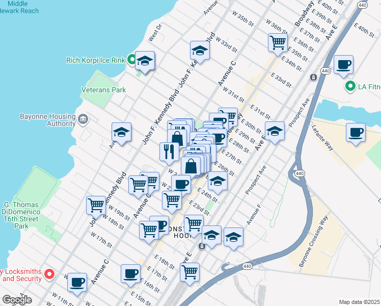 map of restaurants, bars, coffee shops, grocery stores, and more near 31 West 25th Street in Bayonne