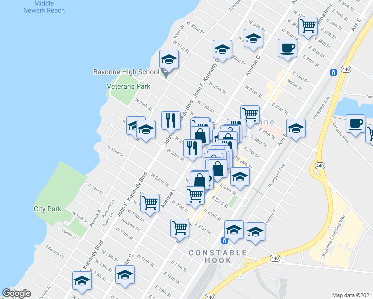 map of restaurants, bars, coffee shops, grocery stores, and more near 557 Avenue C in Bayonne