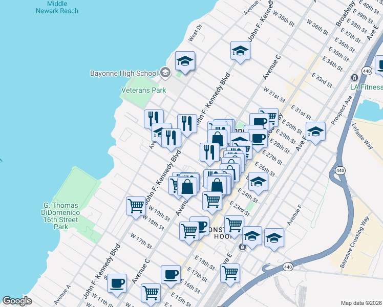 map of restaurants, bars, coffee shops, grocery stores, and more near 81-83 East 24th Street in Bayonne