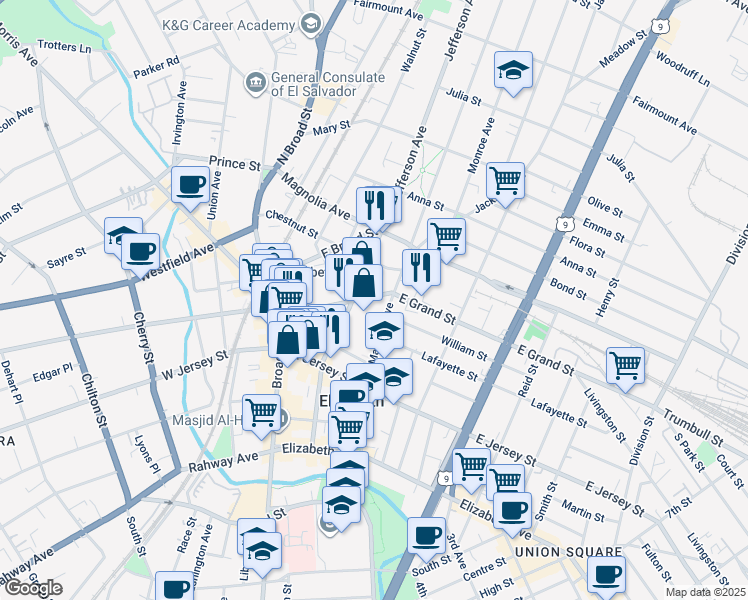 map of restaurants, bars, coffee shops, grocery stores, and more near 157 Jefferson Avenue in Elizabeth