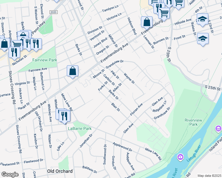 map of restaurants, bars, coffee shops, grocery stores, and more near 223 Berks Street in Easton