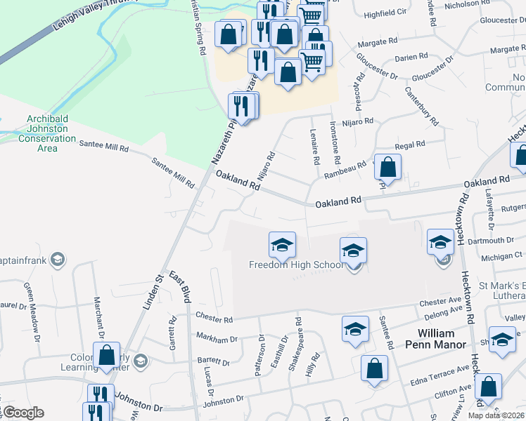map of restaurants, bars, coffee shops, grocery stores, and more near 2846 Santee Drive in Bethlehem