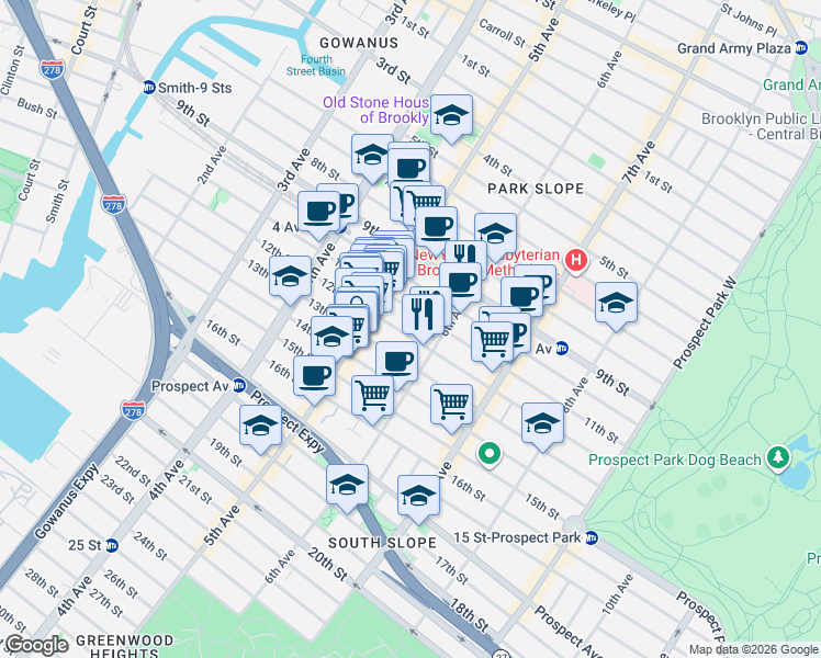 map of restaurants, bars, coffee shops, grocery stores, and more near 486 6th Avenue in Brooklyn