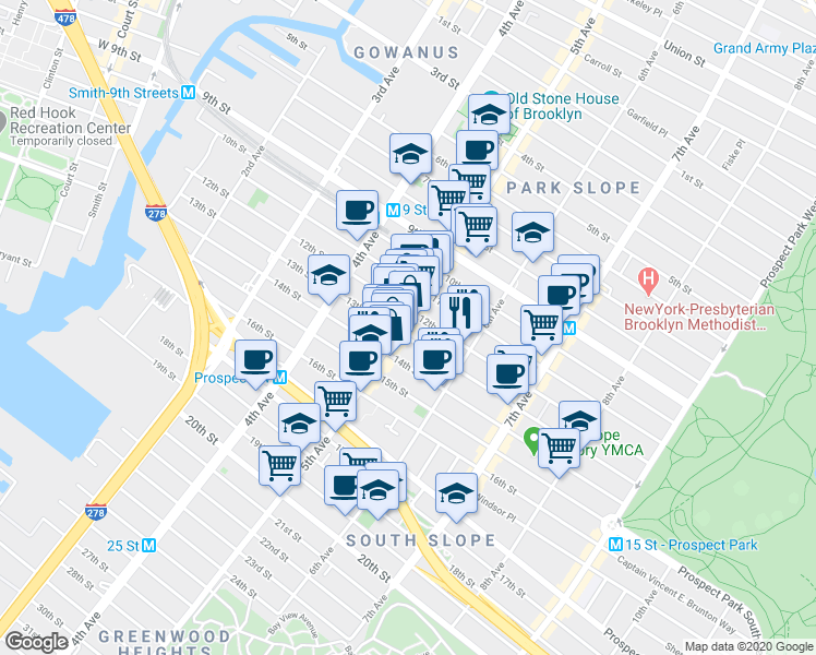 map of restaurants, bars, coffee shops, grocery stores, and more near 285 13th Street in Brooklyn