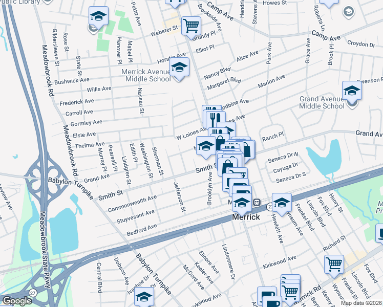 map of restaurants, bars, coffee shops, grocery stores, and more near 14 Court Street in Merrick