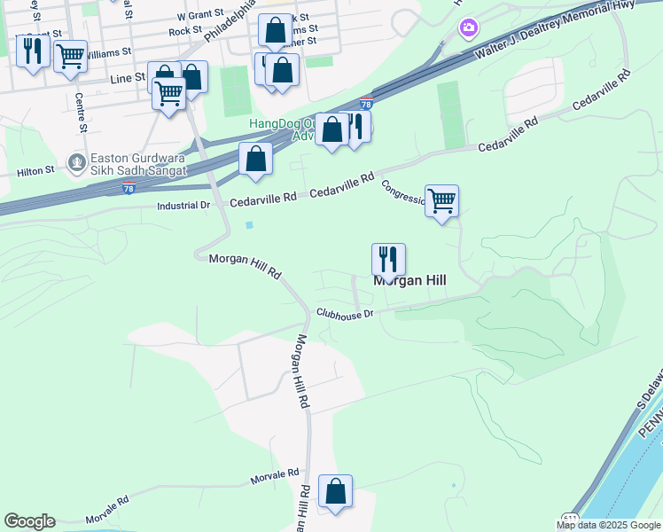 map of restaurants, bars, coffee shops, grocery stores, and more near 410 Waterford Terrace in Easton