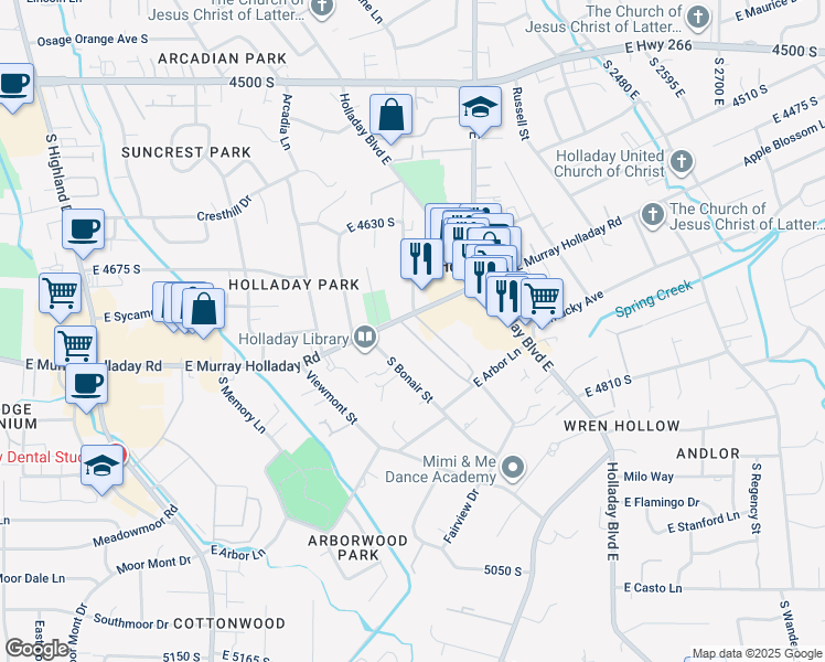 map of restaurants, bars, coffee shops, grocery stores, and more near 2220 East Murray Holladay Road in Holladay
