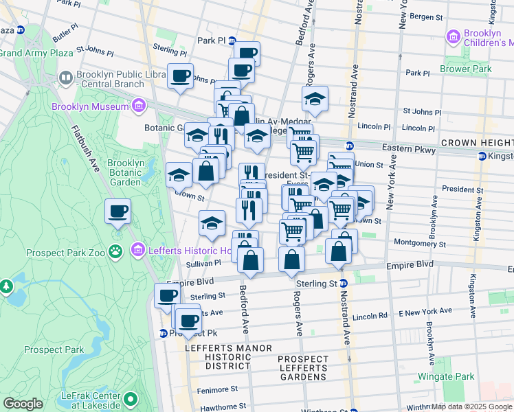 map of restaurants, bars, coffee shops, grocery stores, and more near 1637 Bedford Avenue in Brooklyn