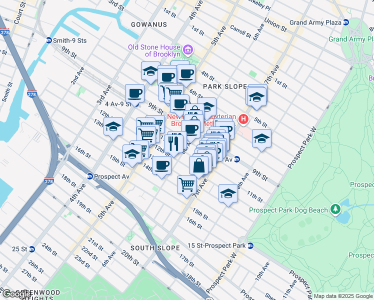 map of restaurants, bars, coffee shops, grocery stores, and more near 422 11th Street in Brooklyn