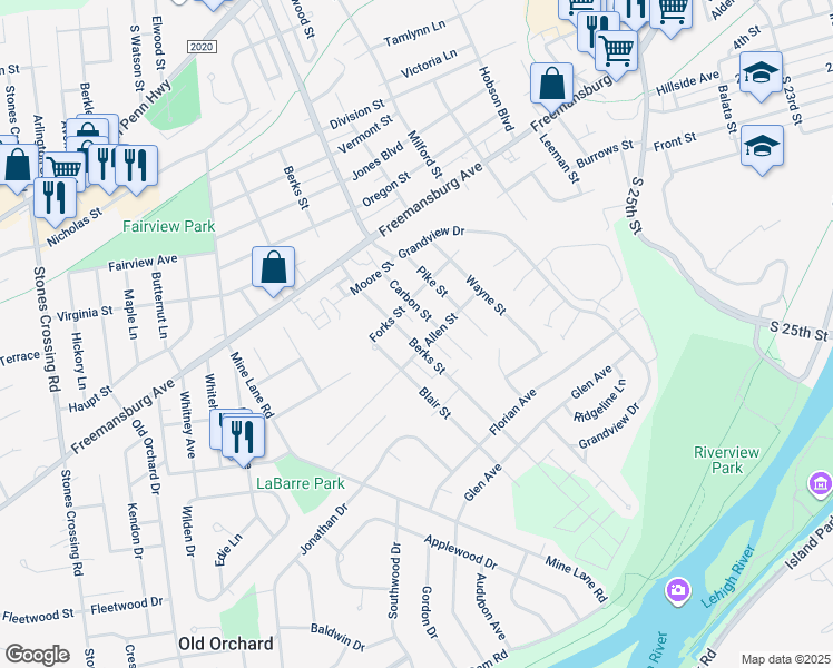 map of restaurants, bars, coffee shops, grocery stores, and more near 223 Berks Street in Easton