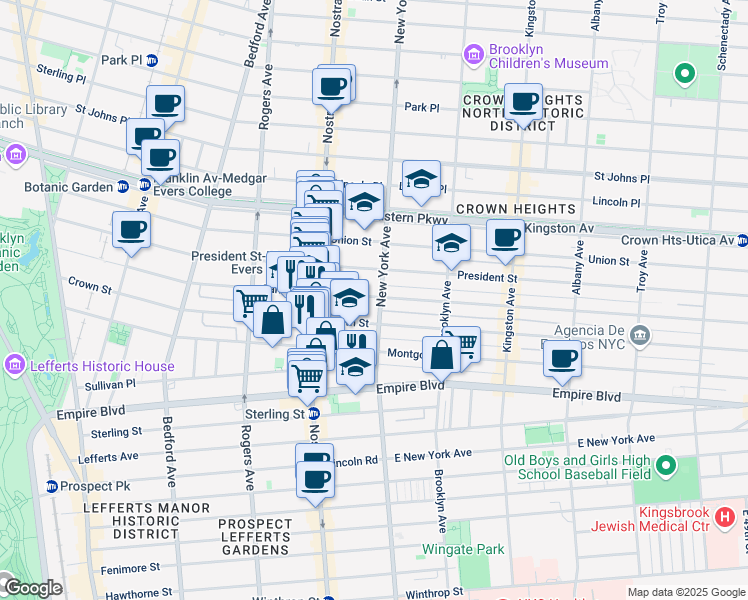 map of restaurants, bars, coffee shops, grocery stores, and more near 337 Crown Street in Brooklyn