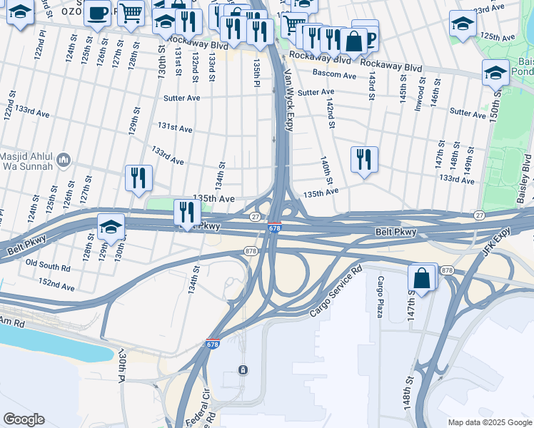 map of restaurants, bars, coffee shops, grocery stores, and more near 13515 North Conduit Avenue in Queens