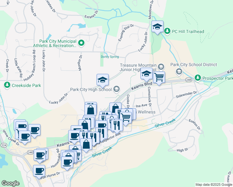 map of restaurants, bars, coffee shops, grocery stores, and more near 1750 Kearns Boulevard in Park City