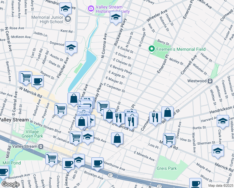 map of restaurants, bars, coffee shops, grocery stores, and more near 59 East Street Marks Place in Valley Stream