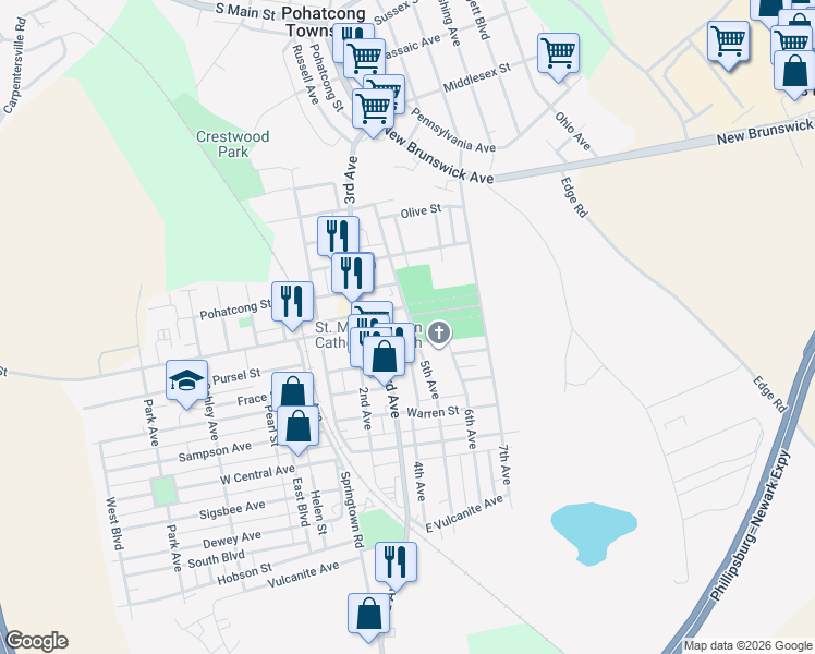map of restaurants, bars, coffee shops, grocery stores, and more near 357 Somerset Street in Phillipsburg