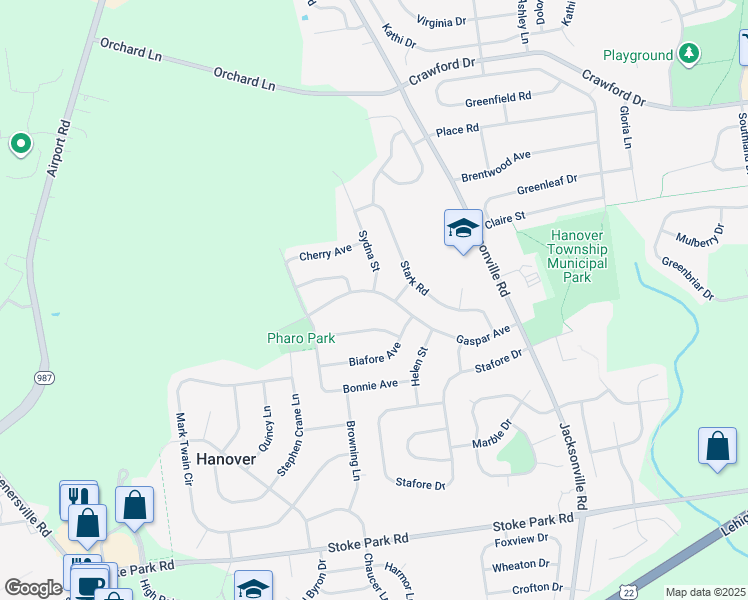 map of restaurants, bars, coffee shops, grocery stores, and more near 1301 Gaspar Avenue in Bethlehem