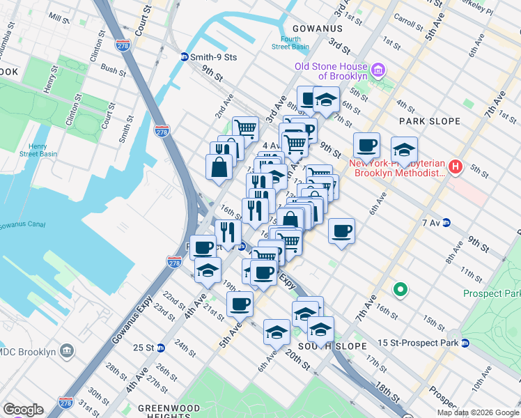 map of restaurants, bars, coffee shops, grocery stores, and more near 548 4th Avenue in Brooklyn
