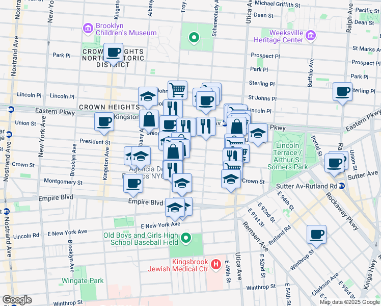 map of restaurants, bars, coffee shops, grocery stores, and more near 1588 President Street in Brooklyn
