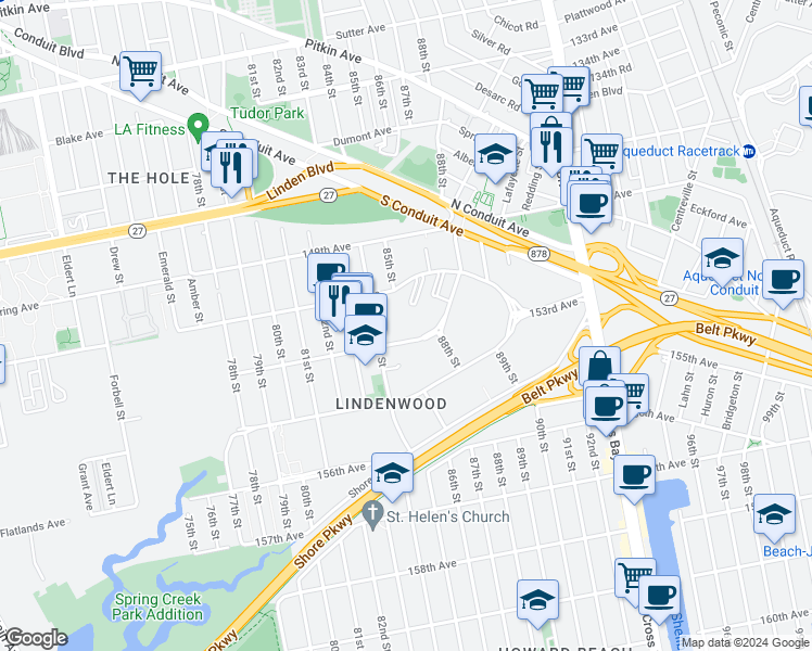 map of restaurants, bars, coffee shops, grocery stores, and more near 84-29 153rd Avenue in Queens