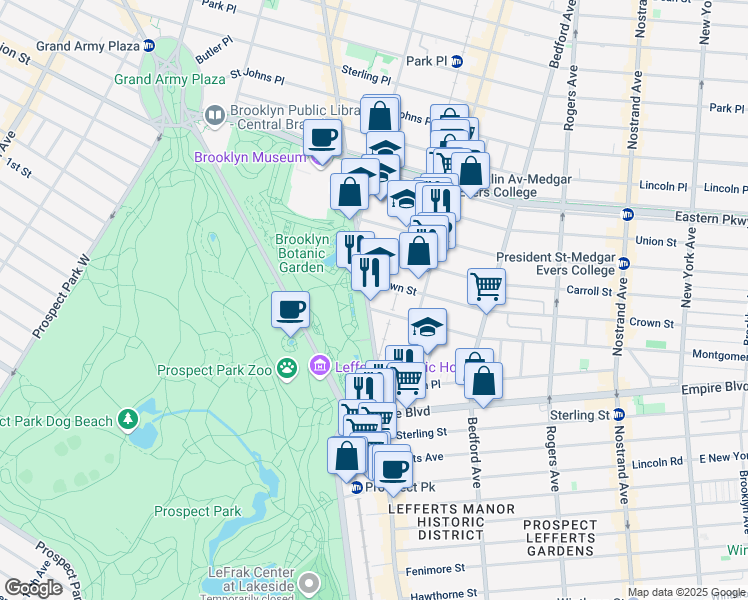 map of restaurants, bars, coffee shops, grocery stores, and more near 87 Montgomery Street in Brooklyn
