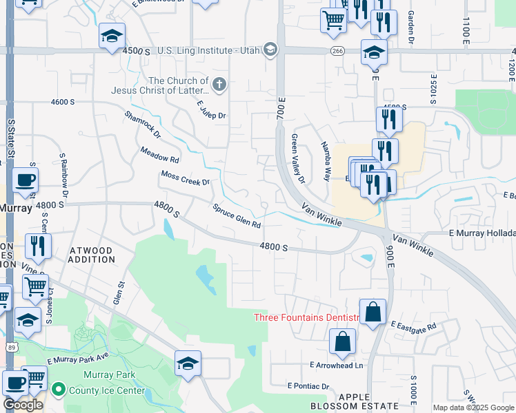 map of restaurants, bars, coffee shops, grocery stores, and more near 4726 South Millrace Lane in Murray