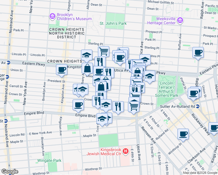 map of restaurants, bars, coffee shops, grocery stores, and more near 1580 President Street in Brooklyn