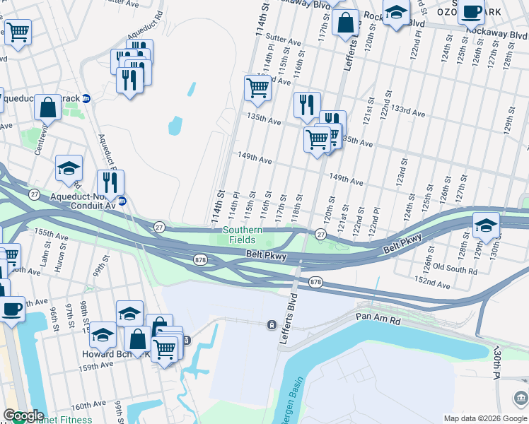 map of restaurants, bars, coffee shops, grocery stores, and more near 150-34 116th Street in Queens