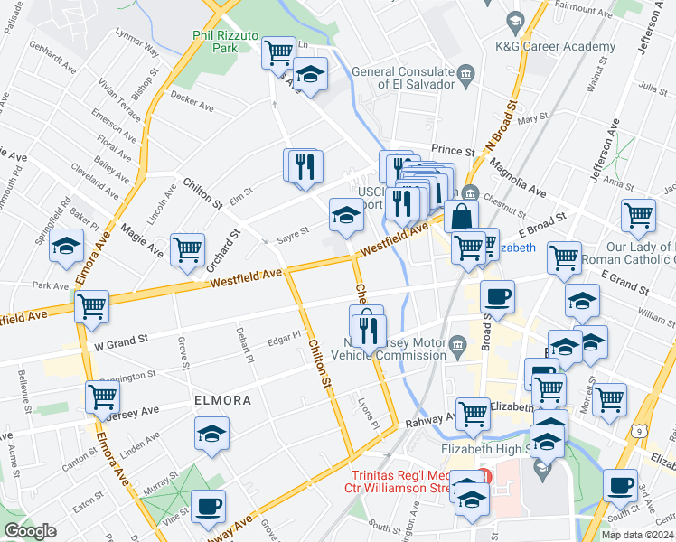 map of restaurants, bars, coffee shops, grocery stores, and more near 112 Westfield Avenue in Elizabeth