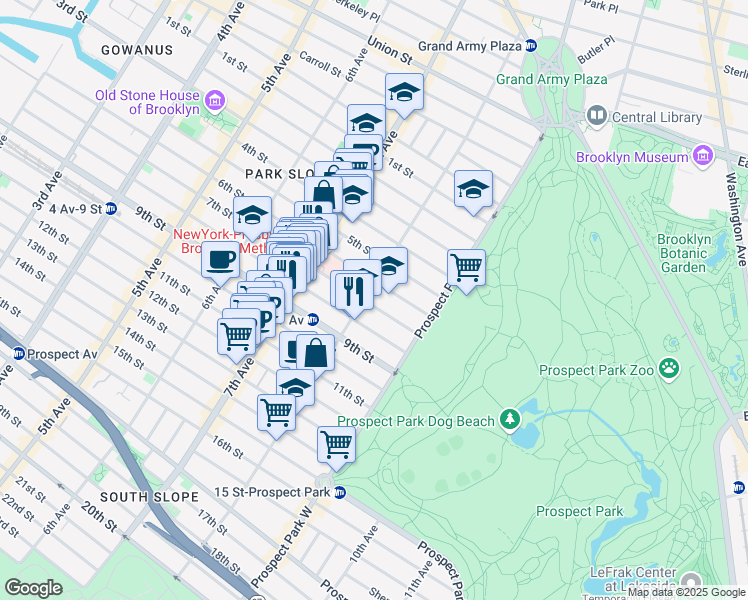 map of restaurants, bars, coffee shops, grocery stores, and more near 551 7th Street in Brooklyn