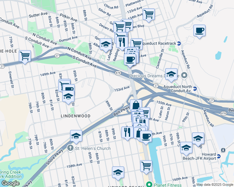 map of restaurants, bars, coffee shops, grocery stores, and more near 90-06 153rd Avenue in Queens