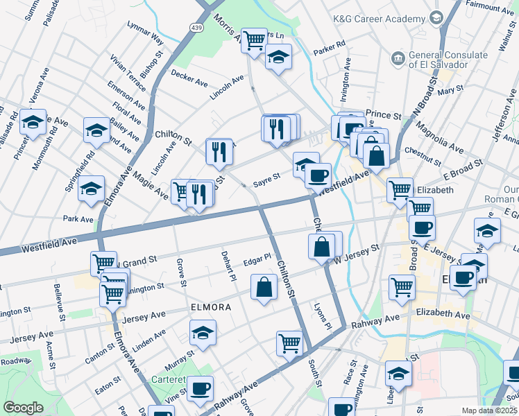 map of restaurants, bars, coffee shops, grocery stores, and more near Westfield Avenue & Chilton Street in Elizabeth