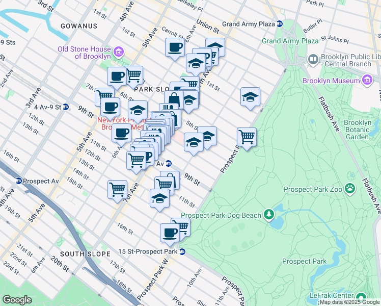 map of restaurants, bars, coffee shops, grocery stores, and more near 615 8th Avenue in Brooklyn