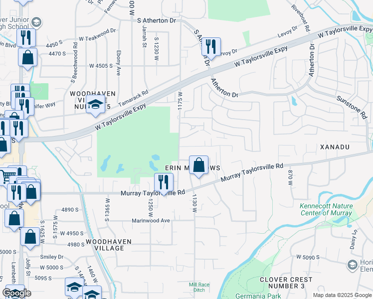 map of restaurants, bars, coffee shops, grocery stores, and more near 1130 Erin Circle in Taylorsville