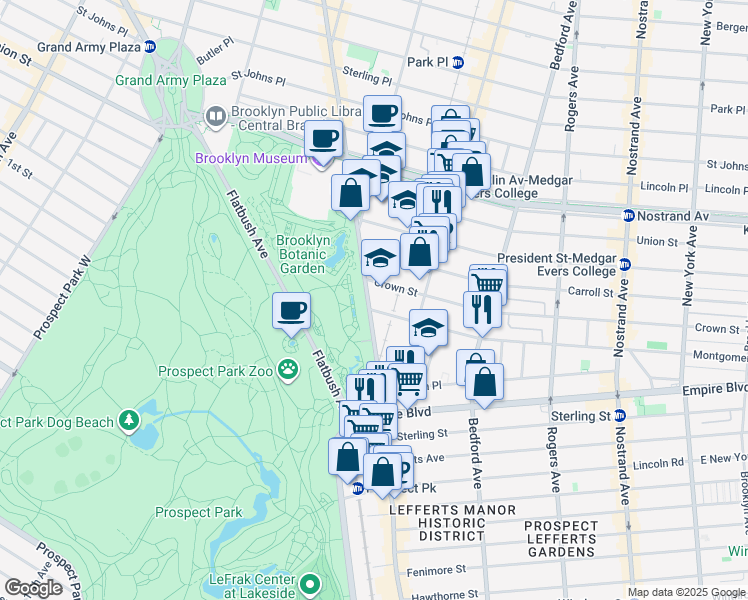 map of restaurants, bars, coffee shops, grocery stores, and more near 921 Washington Avenue in Brooklyn