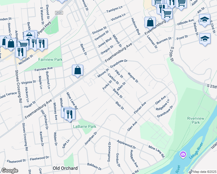 map of restaurants, bars, coffee shops, grocery stores, and more near 223 Berks Street in Easton